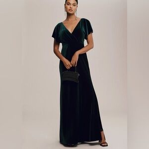 Jenny Yoo Ellis Flutter-Sleeve Open-Back Stretch Velvet Gown